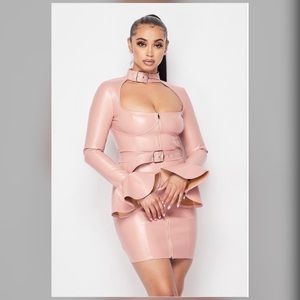 Bodycon leather dress with front full zipper and buckle